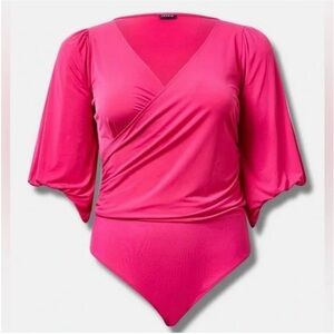 Torrid Surplice long sleeve bodysuit pink peacock